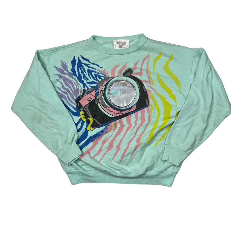 Vintage 90s Camera Holographic Zebra Print Crewneck Sweatshirt Youth 14